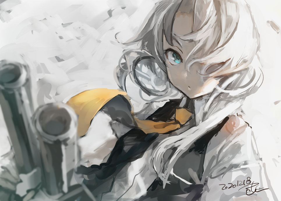 1girl asymmetrical_hair bangs black_vest cannon commentary_request dated dress_shirt flipped_hair kantai_collection looking_at_viewer nowaki_(kantai_collection) school_uniform shirt signature silver_eyes silver_hair solo swept_bangs toka_(marchlizard) upper_body vest white_shirt yellow_neckwear