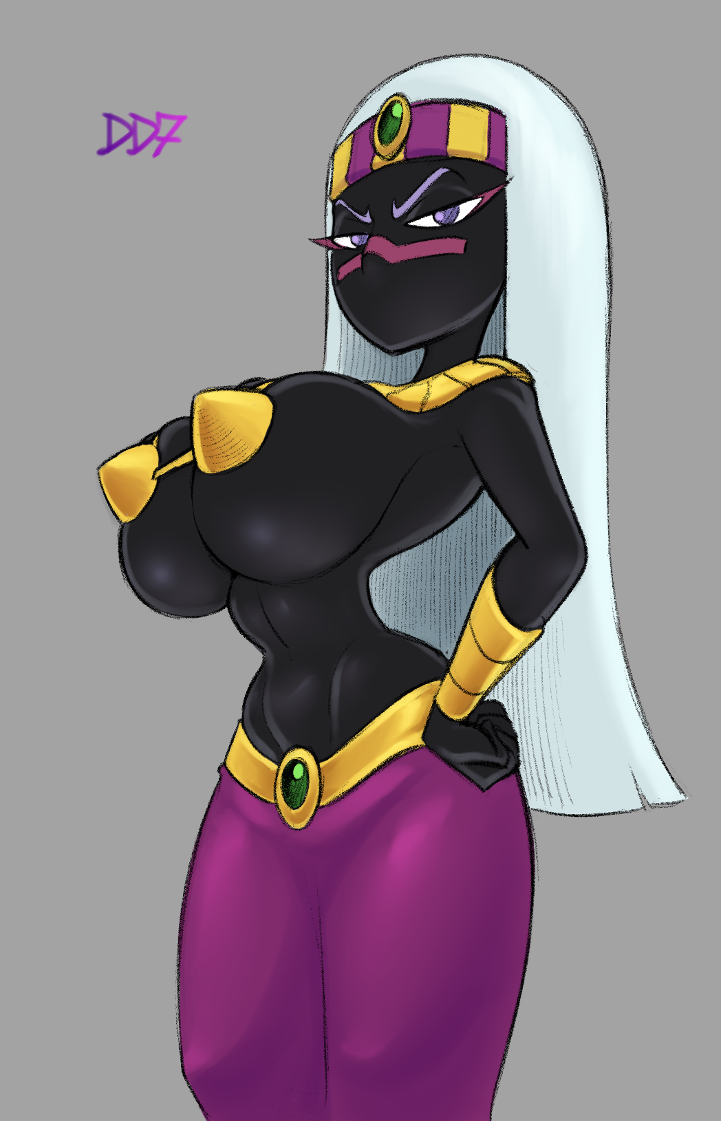 alien big_breasts breast_squish breasts daredemon7000 duck_dodgers female grey_background hand_on_hip hi_res huge_breasts mouthless not_furry queen_tyr'ahnee simple_background solo squish wide_hips