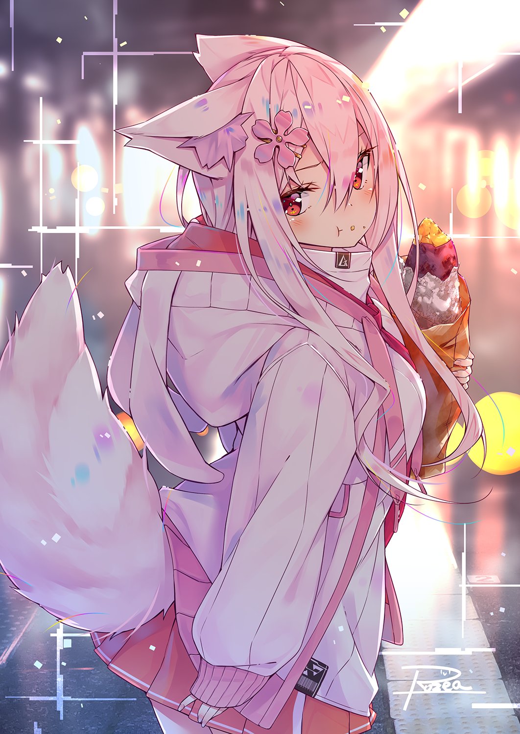 1girl :t animal_ears animal_hood blush cowboy_shot facing_away flower food food_on_face fox_ears fox_tail hair_between_eyes hair_flower hair_ornament highres holding holding_food hood hood_down jacket long_hair looking_at_viewer original pink_hair pink_jacket pink_skirt pleated_skirt red_eyes rozea_(graphmelt) shiny shiny_hair signature skirt solo standing tail tail_raised