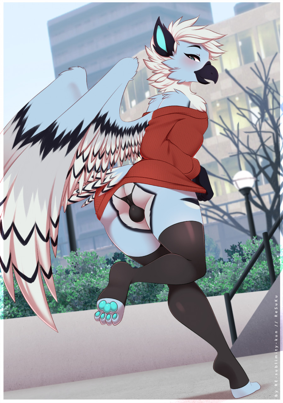 anthro avian balls bulge clothed clothing clothing_lift genitals girly hi_res legwear male re-sublimity-kun solo thigh_highs thong underwear uniball