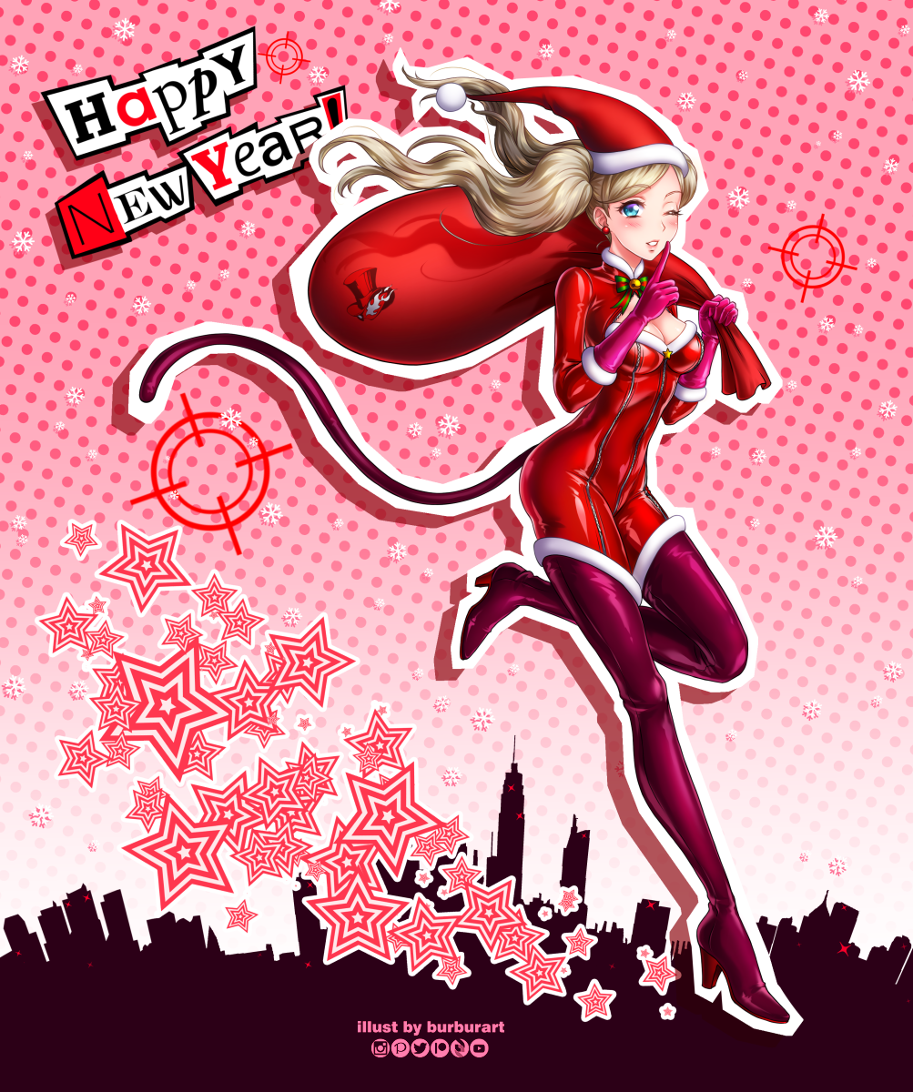 1girl artist_name blonde_hair blue_eyes bodysuit boots breasts burbur commentary crosshair earrings english_commentary eyebrows_visible_through_hair finger_to_mouth full_body gloves hair_ornament happy_new_year hat high_heel_boots high_heels highres jewelry long_hair looking_at_viewer medium_breasts mixed-language_commentary new_year one_eye_closed outline persona persona_5 polka_dot polka_dot_background red_bodysuit sack santa_costume santa_hat shushing snowflake_hair_ornament solo star_(symbol) takamaki_anne thigh_boots thighhighs twintails white_outline