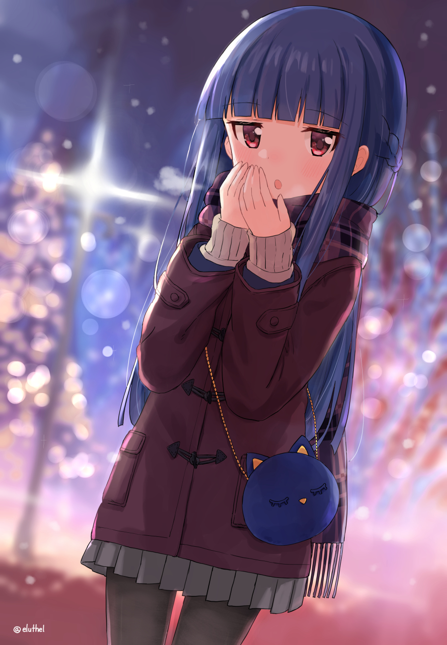 1girl :o animal_bag bag bangs black_legwear blue_hair blunt_bangs blurry blurry_background blush braid breathing_on_hands brown_coat brown_scarf coat commentary_request cowboy_shot depth_of_field eluthel fringe_trim grey_skirt hands_together hands_up highres idolmaster idolmaster_cinderella_girls long_hair long_sleeves looking_at_viewer night outdoors own_hands_together pantyhose parted_lips plaid plaid_scarf pleated_skirt red_eyes sajou_yukimi scarf shoulder_bag skirt sleeves_past_wrists snowing solo standing twitter_username very_long_hair