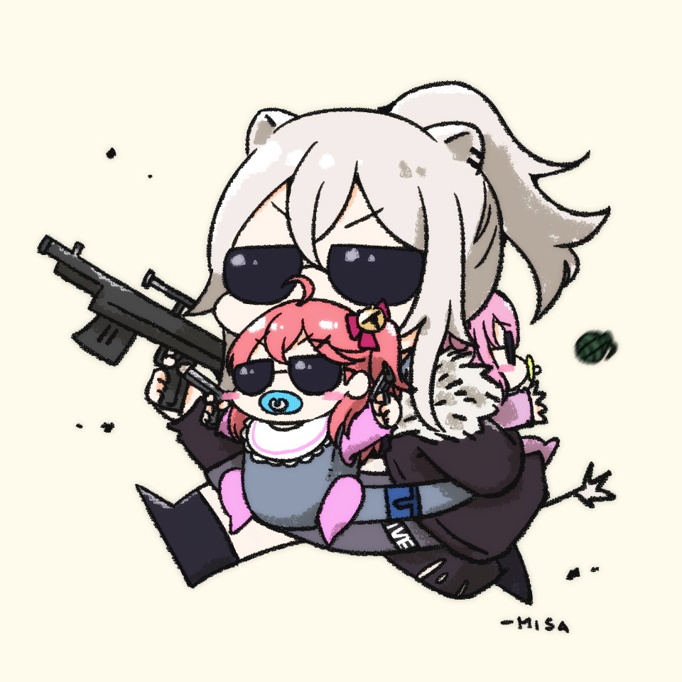 3girls ahoge animal_ears baby baby_carrier babywearing bell bib blush_stickers chibi dual_wielding explosive grenade gun hair_bell hair_ornament himemori_luna holding holding_gun holding_weapon hololive lion_ears multiple_girls pacifier pink_hair ponytail red_hair sakura_miko shishiro_botan side_ponytail signature sunglasses throwing wakatsuki_misato weapon