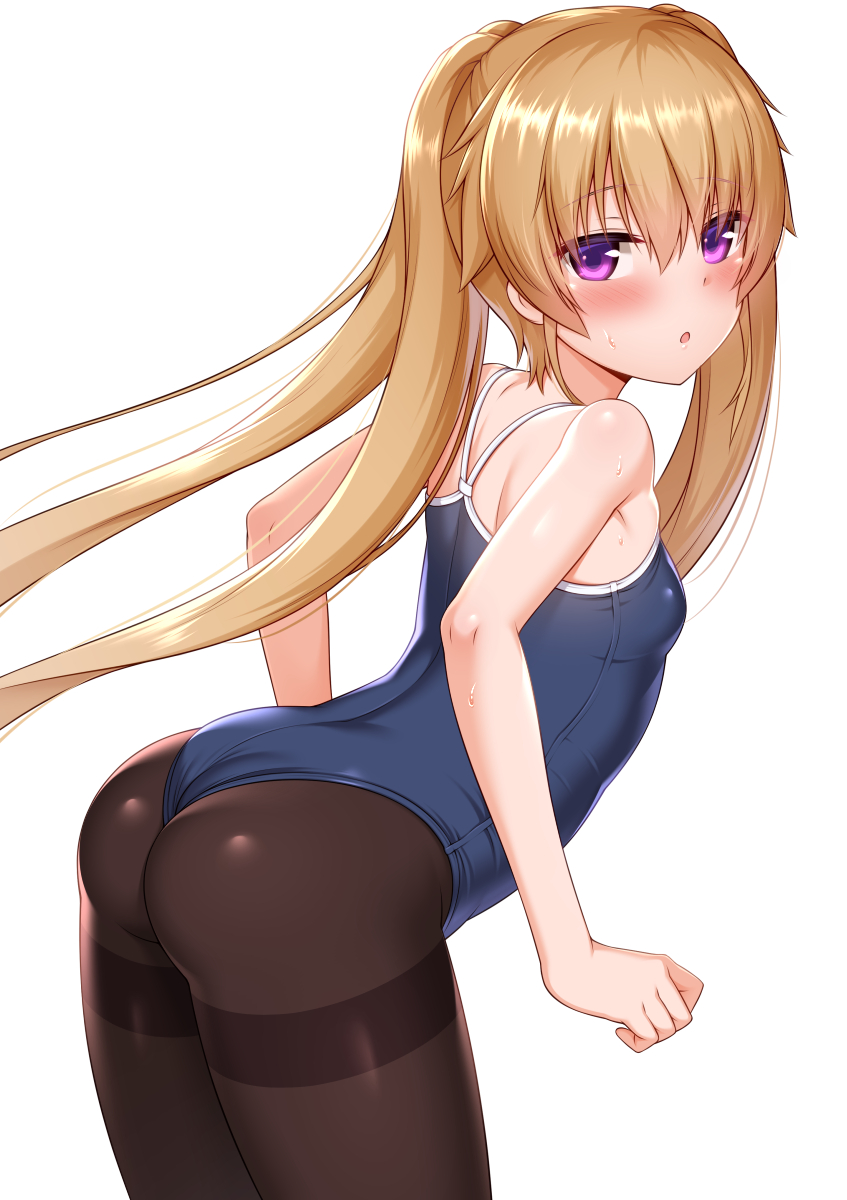 1girl ao_no_kanata_no_four_rhythm arisaka_mashiro ass black_legwear blue_swimsuit blush breasts brown_hair commentary_request from_behind highres leaning_forward long_hair looking_back one-piece_swimsuit pantyhose pink_eyes school_swimsuit simple_background small_breasts solo swimsuit thighband_pantyhose twintails very_long_hair white_background zirba