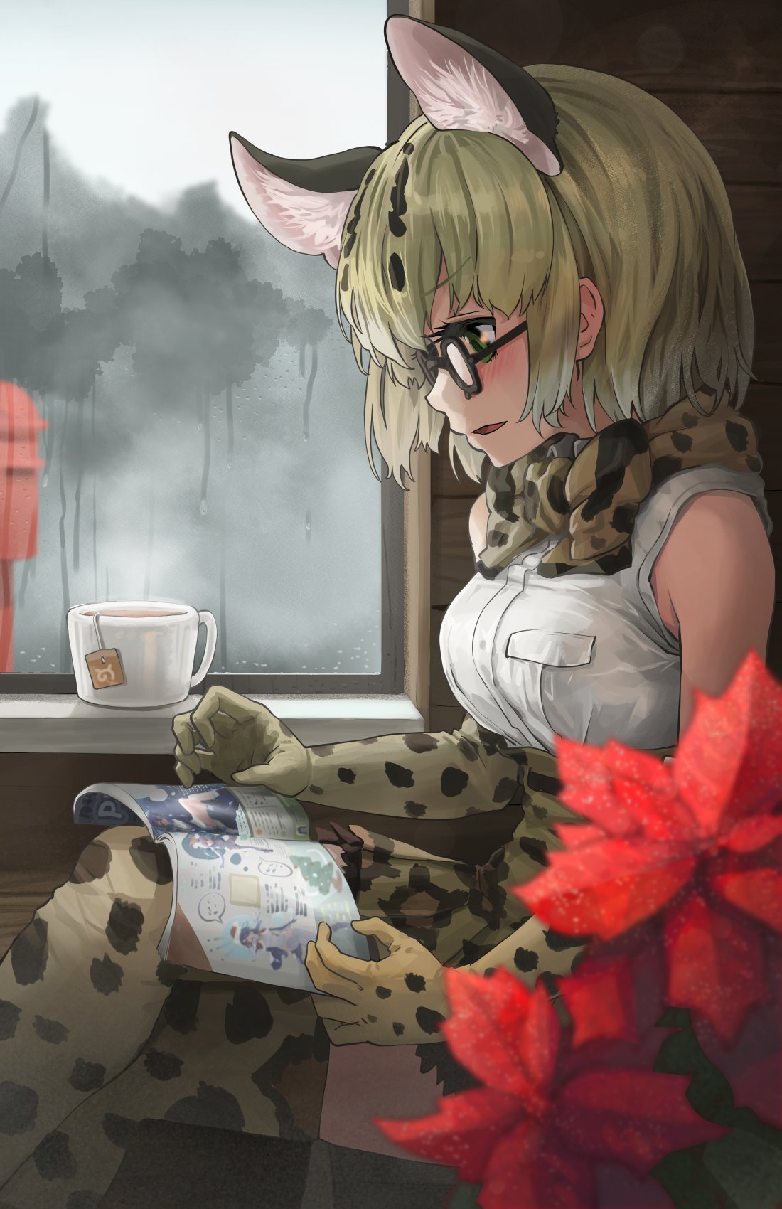 1girl animal_ears bare_shoulders blonde_hair book bow bowtie brown_hair cat_ears cat_girl cat_tail commentary cup elbow_gloves eyebrows_visible_through_hair frilled_skirt frills glasses gloves green_eyes high-waist_skirt highres kemono_friends margay_(kemono_friends) margay_print melaton multicolored_hair print_gloves print_legwear print_neckwear print_skirt rain reading shirt short_hair sitting skirt sleeveless solo tail tea teacup thighhighs white_shirt window zettai_ryouiki