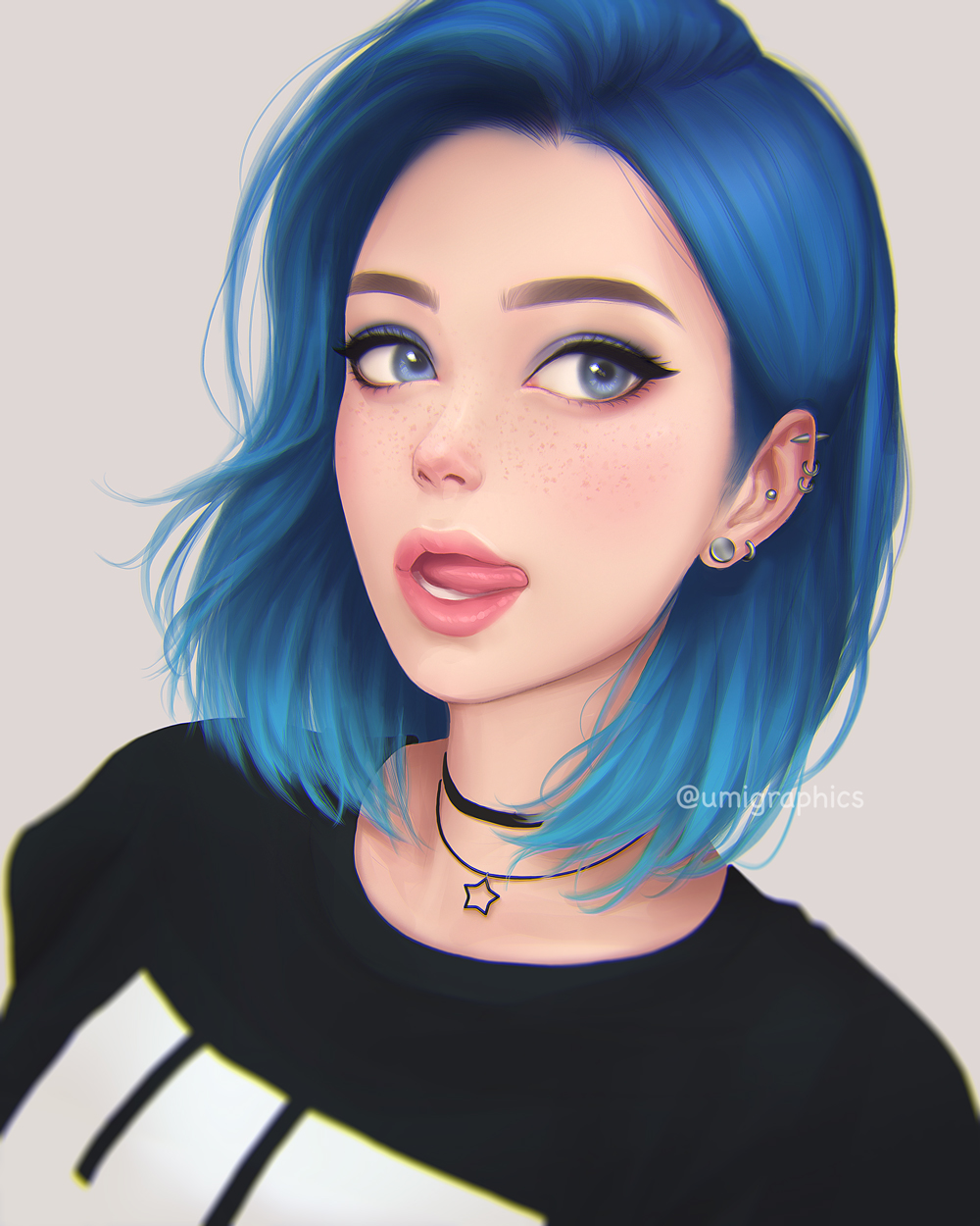 1girl blue_eyes blue_hair chopsticks dutch_angle ear_piercing earrings eyeshadow forehead freckles grey_background highres jewelry lips looking_at_viewer makeup necklace open_mouth original piercing portrait short_hair solo tongue umigraphics