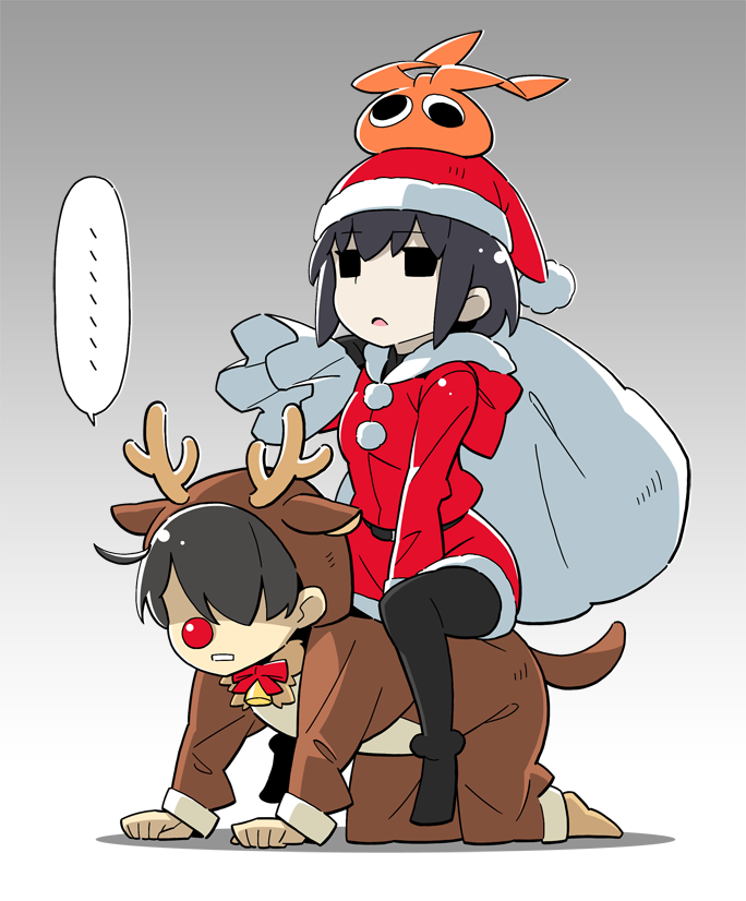 ... 1boy 1girl :&lt; all_fours animal_costume animal_ears animal_hood antlers araragi_koyomi bangs bell bell_collar belt between_legs black_belt black_eyes black_hair black_legwear bob_cut bow bowtie breasts brown_jumpsuit christmas clenched_teeth collar commentary crawling deer_ears dress empty_eyes fur_trim googly_eyes gradient gradient_background hair_over_eyes hand_between_legs hand_on_another's_back hat holding holding_sack hood hood_down hood_up jitome looking_ahead monogatari_(series) on_person orange_headwear oshino_ougi pantyhose pom_pom_(clothes) red_bow red_dress red_headwear red_neckwear red_nose red_ribbon reindeer_antlers reindeer_costume reindeer_hood ribbon riding rudolph_the_red_nosed_reindeer sack santa_costume santa_hat shaded_face shadow short_hair sitting sitting_on_person small_breasts spoken_ellipsis stacked_hats teeth white_fur yamanami_kousuke