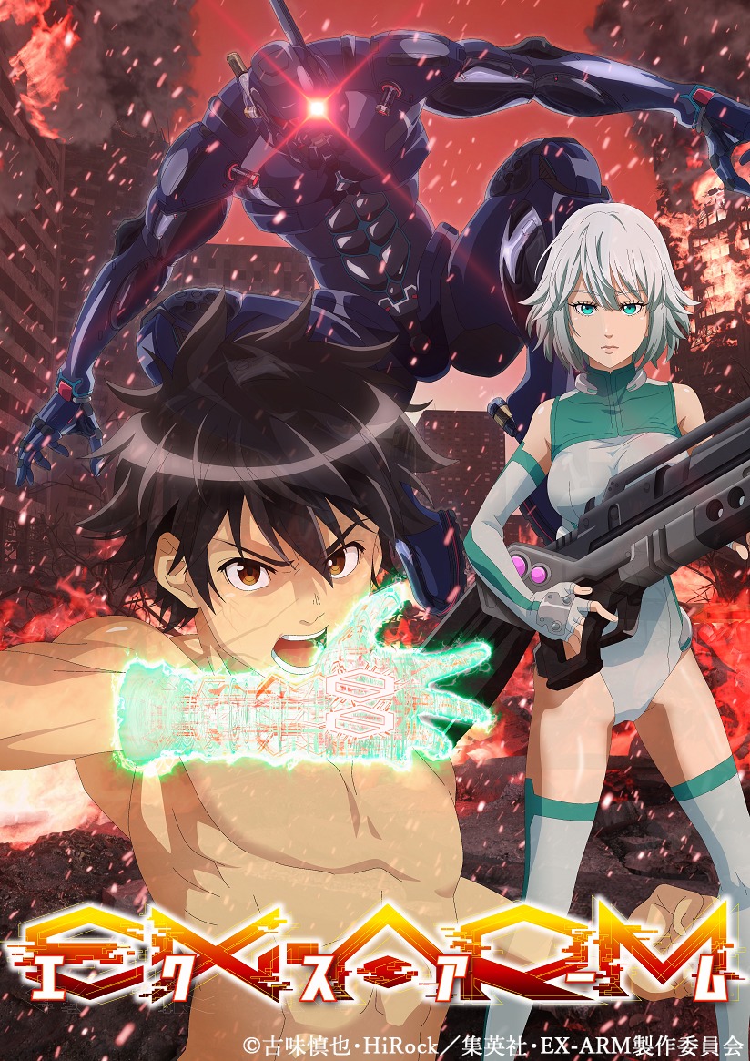 1boy 1girl bare_shoulders black_hair breasts brown_eyes character_request copyright_name elbow_gloves ex-arm gloves green_eyes gun holding holding_gun holding_weapon key_visual large_breasts nude official_art short_hair silver_hair tagme thighhighs watermark weapon