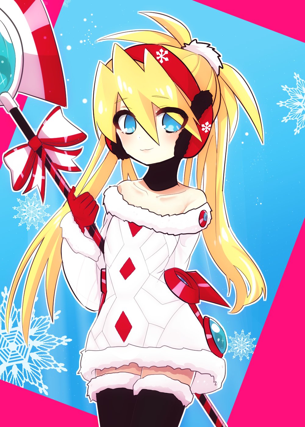 1girl bangs blonde_hair blue_eyes christmas christmas_sweater ciel_(rockman) eyebrows_visible_through_hair flat_chest gloves hair_between_eyes headgear helmet high_ponytail highres linkle149 long_hair looking_at_viewer polearm ponytail rockman rockman_x_dive rockman_zero smile solo spear sweater thighhighs weapon white_sweater