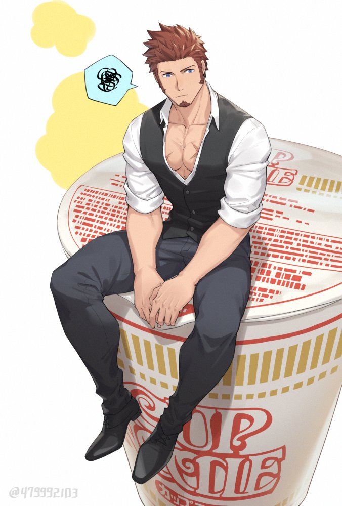 1boy 47 :/ bara black_footwear black_vest blue_eyes brown_hair collarbone collared_shirt cup_noodle cup_ramen facial_hair fate/grand_order fate_(series) food full_body goatee grey_pants male_focus miniboy muscular muscular_male napoleon_bonaparte_(fate/grand_order) noodles official_alternate_costume open_clothes open_shirt oversized_object pants partially_unbuttoned pectorals pout scar scar_on_chest shirt short_hair sideburns sleeves_rolled_up solo thick_thighs thighs thought_bubble tight tight_pants vest white_shirt