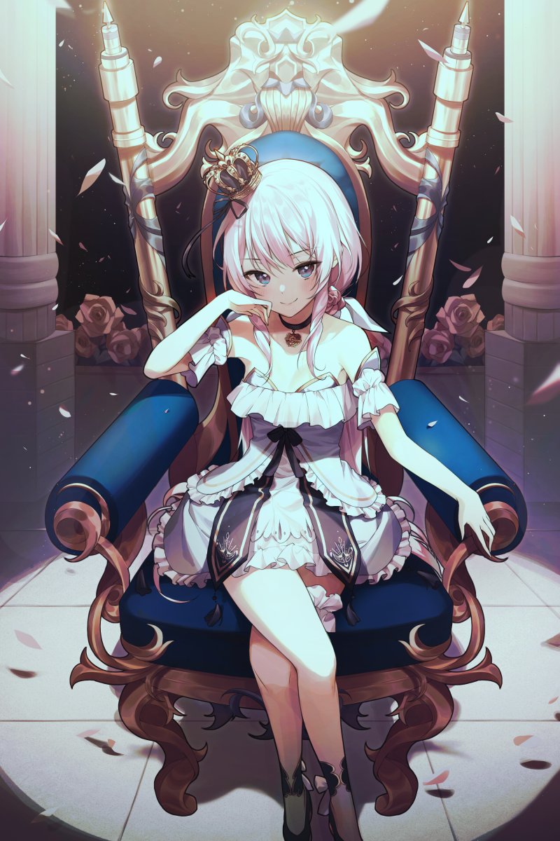 1girl alpha_(ypalpha79) arm_rest blue_eyes breasts choker cleavage collarbone crossed_legs crown detached_sleeves dress falling_petals feet_out_of_frame flower frills gold_trim hand_on_own_cheek hand_on_own_face highres indie_virtual_youtuber leg_garter light_rays long_hair looking_at_viewer mini_crown petals pink_flower pink_hair pink_rose rose sidelocks sitting small_breasts sola_(vtuber) solo throne white_dress