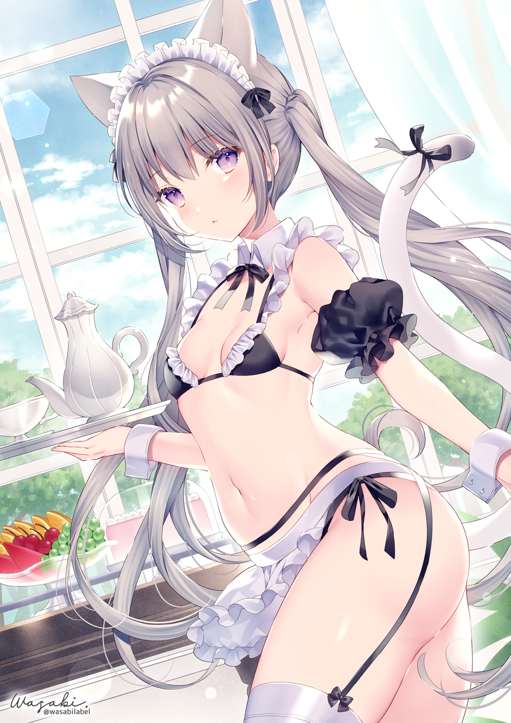 1girl animal_ears apron bangs bare_shoulders bikini black_bikini blue_sky blush bow bowtie breasts cat_ears cat_tail closed_mouth cloud cloudy_sky commentary_request cowboy_shot cup day detached_collar detached_sleeves dutch_angle extra_ears eyebrows_visible_through_hair food frilled_bikini frills fruit garter_belt groin highres holding holding_tray indoors maid maid_apron maid_bikini maid_headdress navel neck_ribbon original puffy_short_sleeves puffy_sleeves purple_eyes ribbon shiny shiny_hair short_sleeves side-tie_bikini sidelocks silver_hair simple_background sky small_breasts solo stomach sunlight swimsuit tail tail_ornament tail_raised tail_ribbon teacup teapot thighhighs thighs tied_hair tray twintails waist_apron wasabi_(sekai) white_legwear window