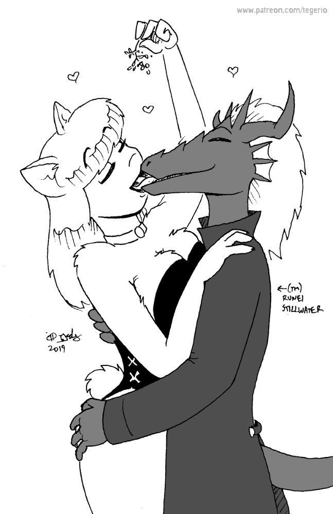 &lt;3 2019 anthro arleen_dundee breast_squish breasts cleavage clothed clothing dragon duo eyes_closed felid female french_kissing fur greyscale hair hand_on_butt kissing male male/female mammal mistletoe monochrome plant runei_worth squish tegerio