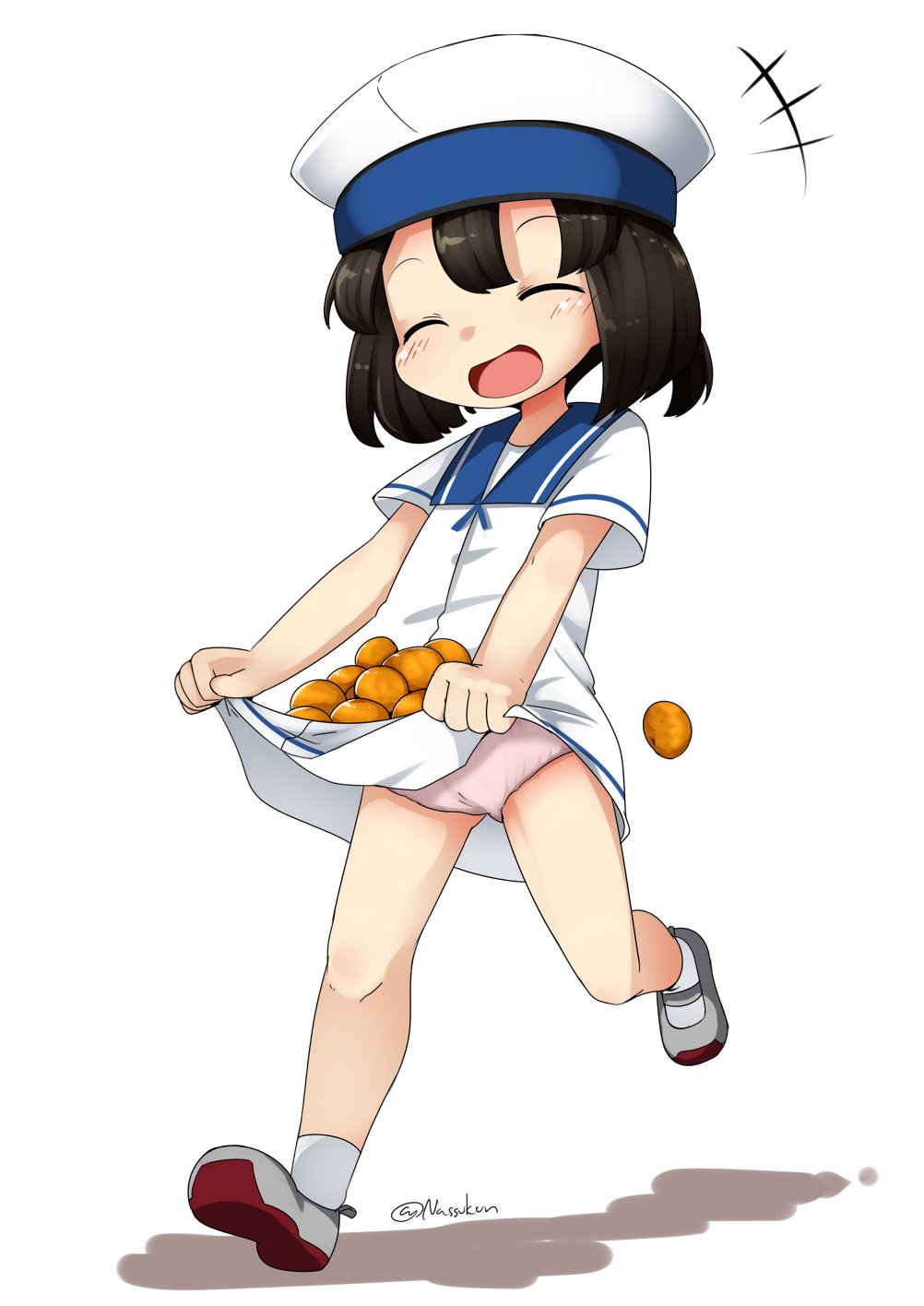 1girl black_hair blue_sailor_collar bob_cut closed_eyes commentary_request daitou_(kantai_collection) dress food fruit hat high_ponytail highres kantai_collection mandarin_orange nassukun panties pink_panties sailor_collar sailor_dress sailor_hat shoes short_hair short_sleeves sidelocks simple_background skirt_basket skirt_hold smile socks solo underwear uwabaki white_background white_dress white_headwear white_legwear