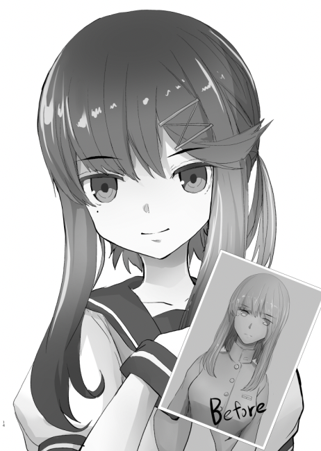 1girl bangs before_and_after boushi-ya commentary_request eyebrows_visible_through_hair gloves greyscale hair_ornament hairclip kantai_collection mole mole_under_eye monochrome neckerchief photo_(object) ponytail sailor_collar school_uniform serafuku short_sleeves sidelocks simple_background solo tsushima_(kantai_collection) upper_body