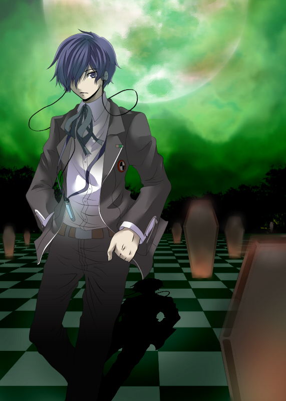 bad_id bad_pixiv_id blue_eyes blue_hair checkered checkered_floor coffin digital_media_player full_moon hair_over_one_eye headphones kazanami male_focus moon persona persona_3 ribbon school_uniform solo vanishing_point yuuki_makoto