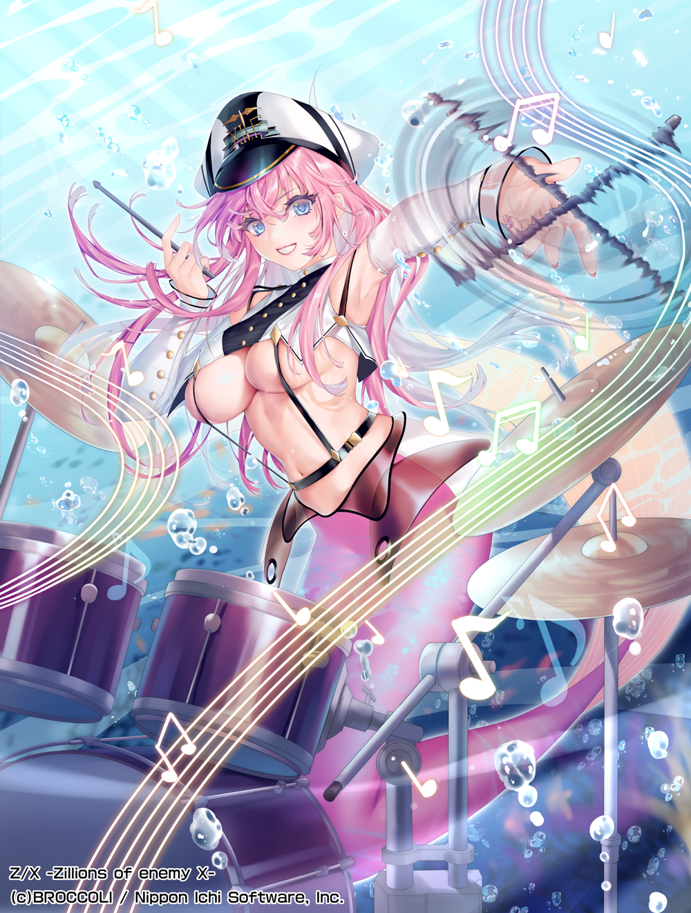 1girl afterimage air_bubble armpits bangs bare_shoulders belt black_belt blue_eyes blurry blurry_background blush breasts bubble commentary_request cymbals detached_sleeves drum drum_set drumsticks eyebrows_visible_through_hair full_body grin hair_between_eyes hat highres holding holding_drumsticks instrument large_breasts light_rays lipstick long_hair looking_at_viewer makeup mermaid monster_girl music musical_note navel obiwan peaked_cap pink_hair playing_instrument shirt sidelocks sleeveless sleeveless_shirt smile solo spinning stomach sunbeam sunlight suspenders underboob underwater watermark white_headwear white_shirt white_sleeves z/x