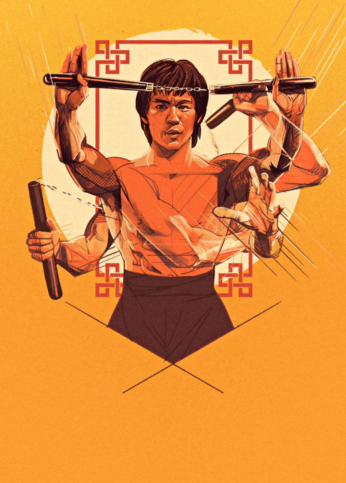 1boy afterimage asian black_hair bruce_lee cropped_torso english_commentary highres holding holding_nunchaku holding_weapon looking_at_viewer nunchaku oliver_barrett open_hand real_life realistic solo weapon yellow_background