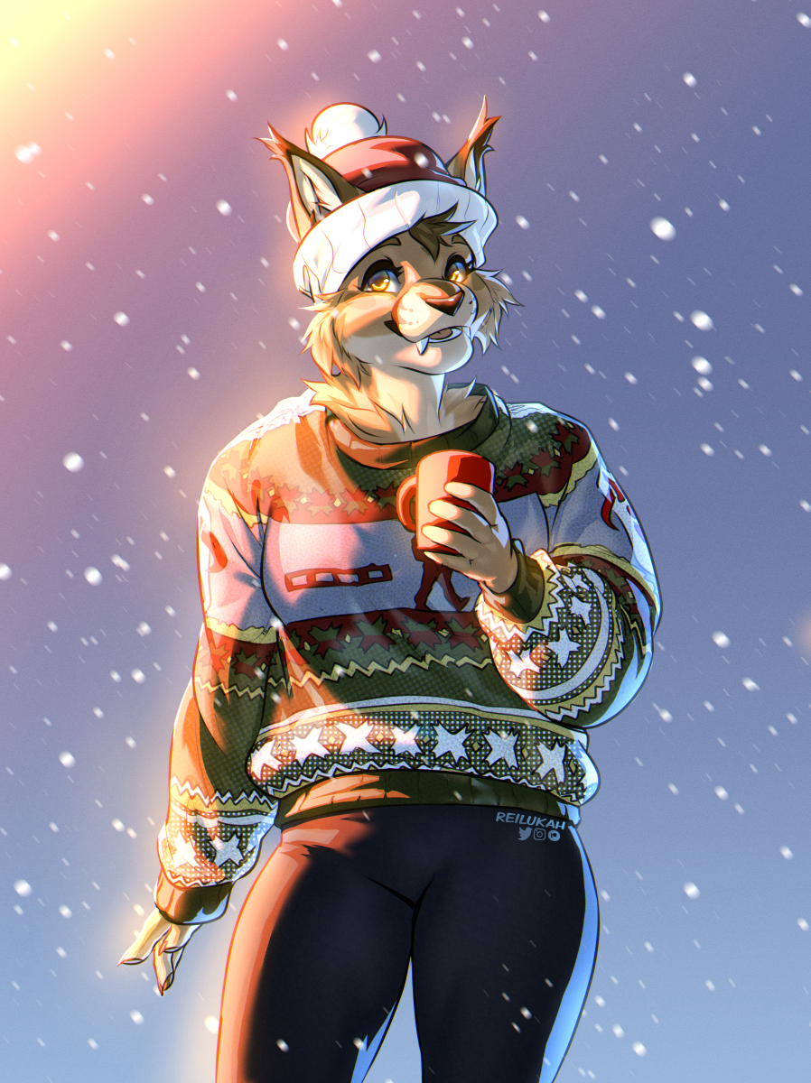 anthro christmas christmas_clothing christmas_headwear clothed clothing felid feline female glass hat headgear headwear hi_res holidays lukiri male mammal reilukah santa_hat solo