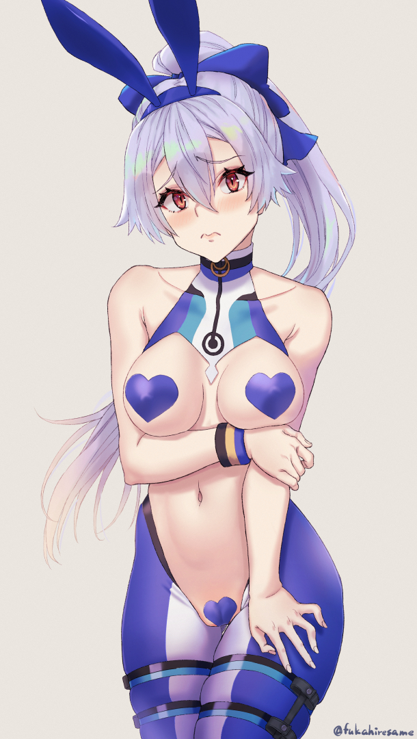 1girl adapted_costume animal_ears arm_under_breasts bangs blue_bow blue_legwear blush bow breasts bunny_ears collarbone covered_collarbone covered_nipples eyebrows_visible_through_hair fake_animal_ears fate/grand_order fate_(series) hair_between_eyes hair_bow heart_pasties large_breasts long_hair looking_at_viewer maebari meme_attire navel pasties ponytail red_eyes revealing_clothes reverse_bunnysuit reverse_outfit revision same_no_fukahire silver_hair simple_background standing thigh_strap thighs tomoe_gozen_(fate/grand_order) tomoe_gozen_(swimsuit_saber)_(fate) white_legwear