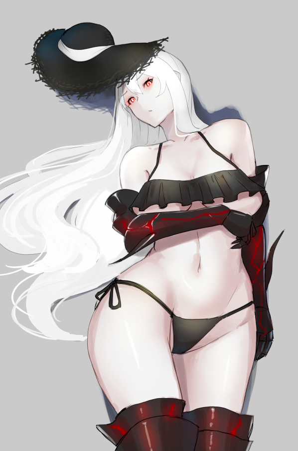 1girl abyssal_ship aircraft_carrier_summer_princess bikini black_bikini black_gloves black_headwear breast_lift breasts collarbone commentary_request elbow_gloves gloves grey_background hat hayabusa kantai_collection large_breasts long_hair looking_at_viewer lying navel on_back pale_skin red_eyes shadow side-tie_bikini solo sun_hat swimsuit thighhighs underboob white_hair