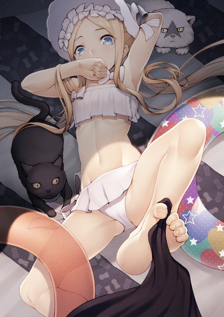 1girl abigail_williams_(fate/grand_order) abigail_williams_(swimsuit_foreigner)_(fate) arm_behind_head arm_up armpits bangs banned_artist bare_shoulders bikini black_cat blonde_hair blue_eyes bonnet bow breasts cat fate/grand_order fate_(series) feet forehead hair_bow innertube kyoeiki legs long_hair lying miniskirt navel on_back parted_bangs sidelocks skirt small_breasts soles swimsuit toes twintails very_long_hair white_bikini white_bow white_headwear