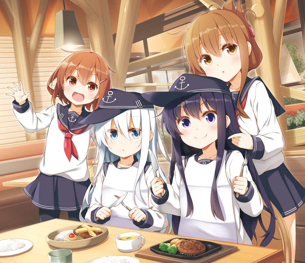 4girls :d akatsuki_(kantai_collection) anchor_symbol black_headwear black_legwear black_sailor_collar black_skirt blue_eyes blush broccoli brown_eyes brown_hair commentary_request eating eyebrows_visible_through_hair fang flat_cap folded_ponytail food fork hair_between_eyes hair_ornament hairclip hat hibiki_(kantai_collection) holding holding_fork holding_knife ikazuchi_(kantai_collection) inazuma_(kantai_collection) indoors kantai_collection knife long_hair long_sleeves meat multiple_girls neckerchief open_mouth pantyhose plate pleated_skirt purple_eyes purple_hair red_neckwear restaurant rice sailor_collar school_uniform serafuku short_hair silver_hair skirt smile steak table tomato yume_no_owari