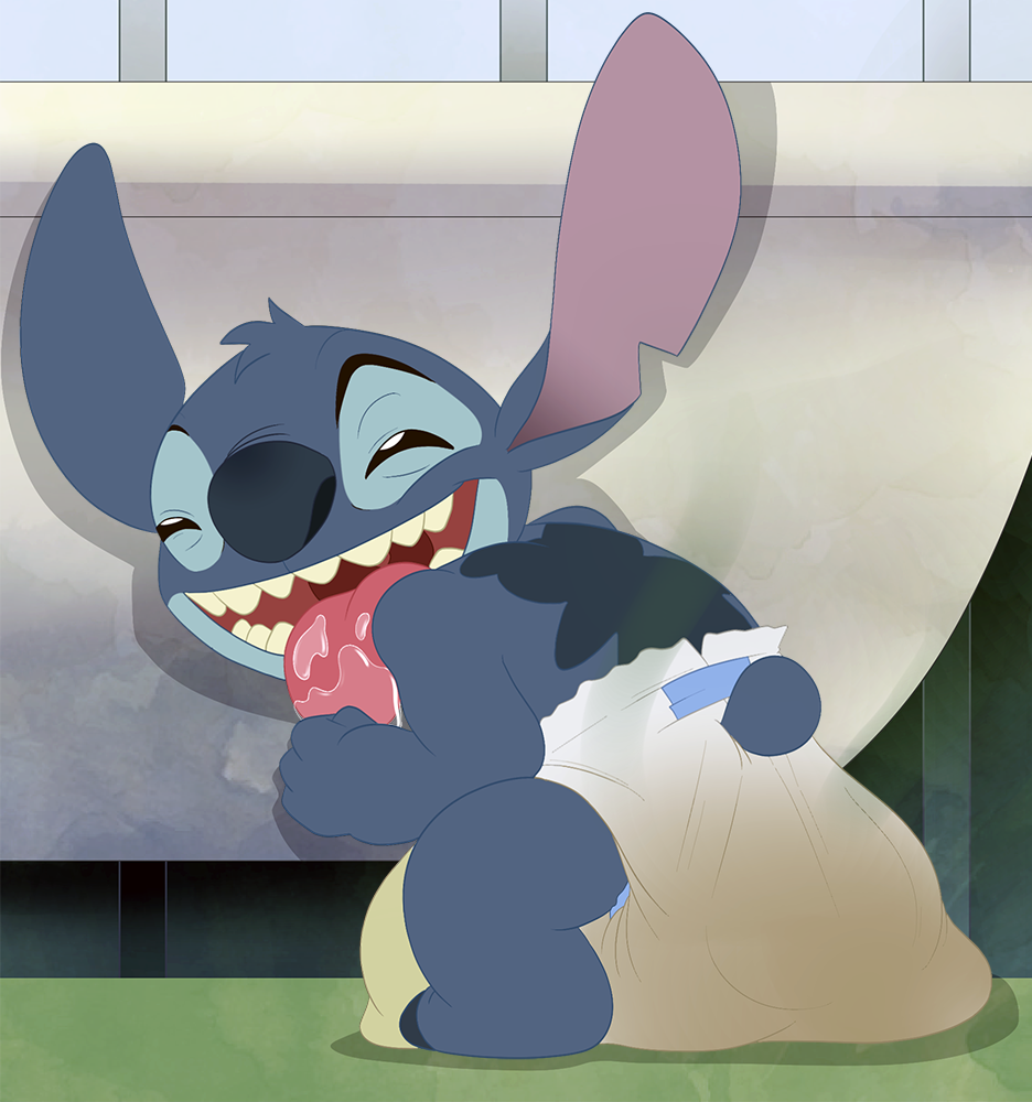 alien blue_body blue_fur blue_markings bodily_fluids diaper disney experiment_(lilo_and_stitch) eyebrows feces fingers fur lilo_and_stitch long_ears male markings messy_diaper open_mouth open_smile pooping saliva scat sharp_teeth small_tail smile soiling stitch_(lilo_and_stitch) teeth tongue tongue_out xepher777