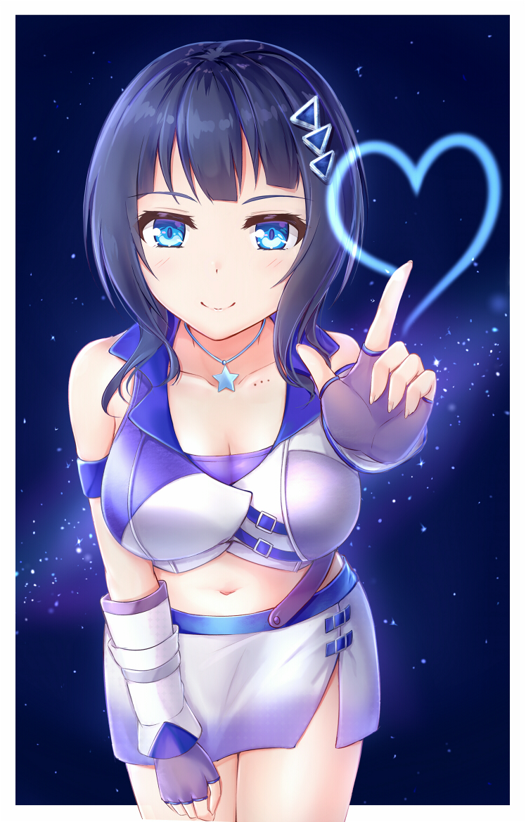 1girl asaka_karin bangs bare_shoulders black_hair blue_eyes blue_hair blunt_bangs breasts cleavage closed_mouth cowboy_shot crop_top diverdiva fingerless_gloves gloves heart index_finger_raised jewelry large_breasts light_blush looking_at_viewer love_live! love_live!_nijigasaki_high_school_idol_club love_live!_school_idol_festival_all_stars microskirt midriff mole mole_on_breast muwa12 navel necklace short_hair side_slit skirt sky sleeveless smile solo star_(sky) star_(symbol) star_necklace starry_background starry_sky tank_top