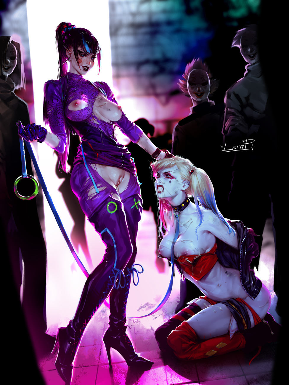 2girls belt_collar blonde_hair blue_hair bodysuit breasts clenched_teeth clown collar dc_comics freckles harley_quinn high_heels highres jacket kneeling leash leather leather_jacket makeup multiple_girls nipple_piercing piercing ponytail punchline pussy saliva seductive_smile smile submission teeth thighhighs torn_clothes