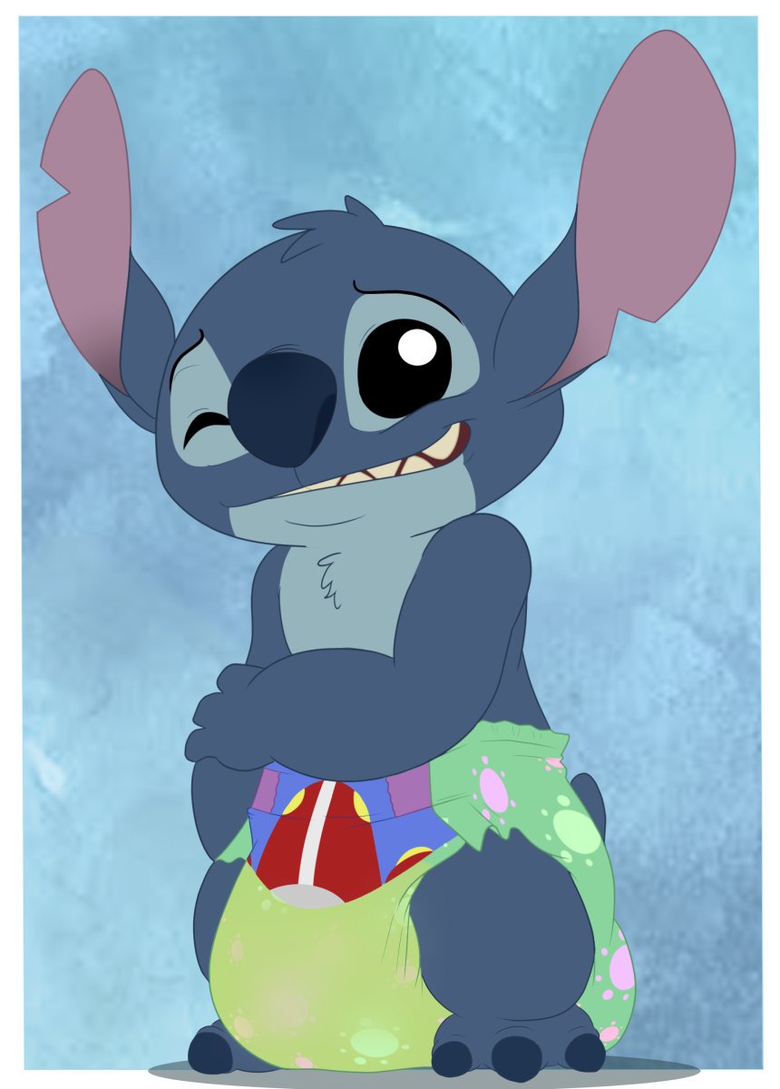 alien black_eyes blue_body blue_fur bodily_fluids claws diaper disney experiment_(lilo_and_stitch) feces fur genital_fluids hi_res lilo_and_stitch long_ears male notched_ear one_eye_closed peeing sharp_teeth smile smirk soiling stitch_(lilo_and_stitch) teeth toe_claws tuft urine wetting xepher777