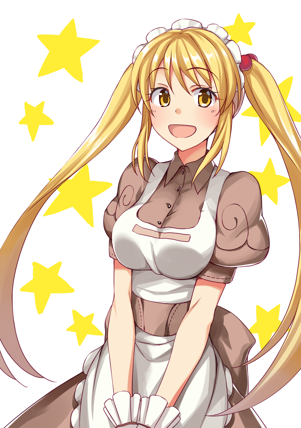 1girl apron bangs blonde_hair blush breast_squeeze breasts brown_dress buttons commentary_request cowboy_shot dress eyebrows_visible_through_hair frilled_apron frills gloves hair_bobbles hair_ornament highres ike_masato kafra long_hair looking_at_viewer maid maid_apron maid_headdress medium_breasts open_mouth puffy_short_sleeves puffy_sleeves ragnarok_online short_sleeves sidelocks simple_background solo standing star_(symbol) starry_background two_side_up very_long_hair white_apron white_background white_gloves yellow_eyes
