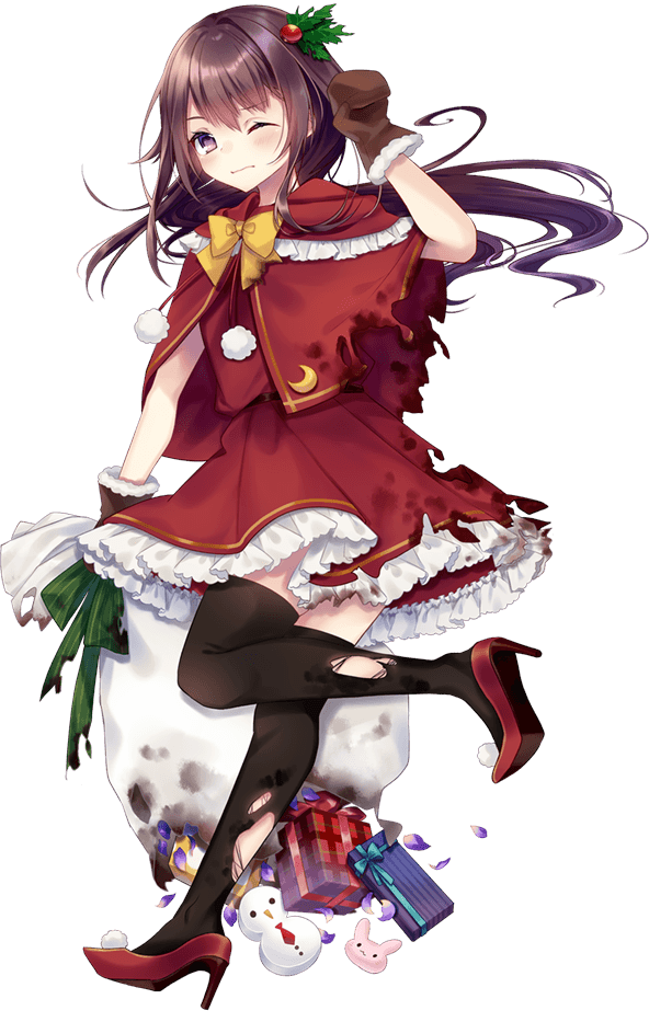 1girl black_legwear blush box brown_gloves brown_hair capelet closed_mouth crescent crescent_moon_pin full_body gift gift_box gloves high_heels kantai_collection kisaragi_(kantai_collection) kusada_souta long_hair official_art one_eye_closed pom_pom_(clothes) purple_eyes red_capelet red_footwear sack santa_costume solo thighhighs torn_clothes torn_legwear transparent_background