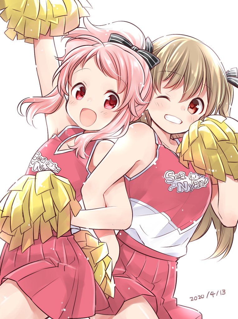 2girls :d anima_yell! arm_up armpits back-to-back bare_legs bare_shoulders black_bow bow cheering cheerleader close-up collarbone commentary_request dated eyebrows_visible_through_hair floating_hair grin hair_bow hatoya_kohane holding holding_pom_poms light_brown_hair locked_arms long_hair looking_at_viewer manga_time_kirara minagi_koharu multicolored_shirt multiple_girls one_eye_closed open_mouth pink_eyes pink_hair pleated_skirt pom_poms ponytail red_eyes red_shirt red_skirt shirt sidelocks simple_background skirt sleeveless sleeveless_shirt slow_loop smile striped striped_bow two_side_up uchino_maiko white_background white_shirt
