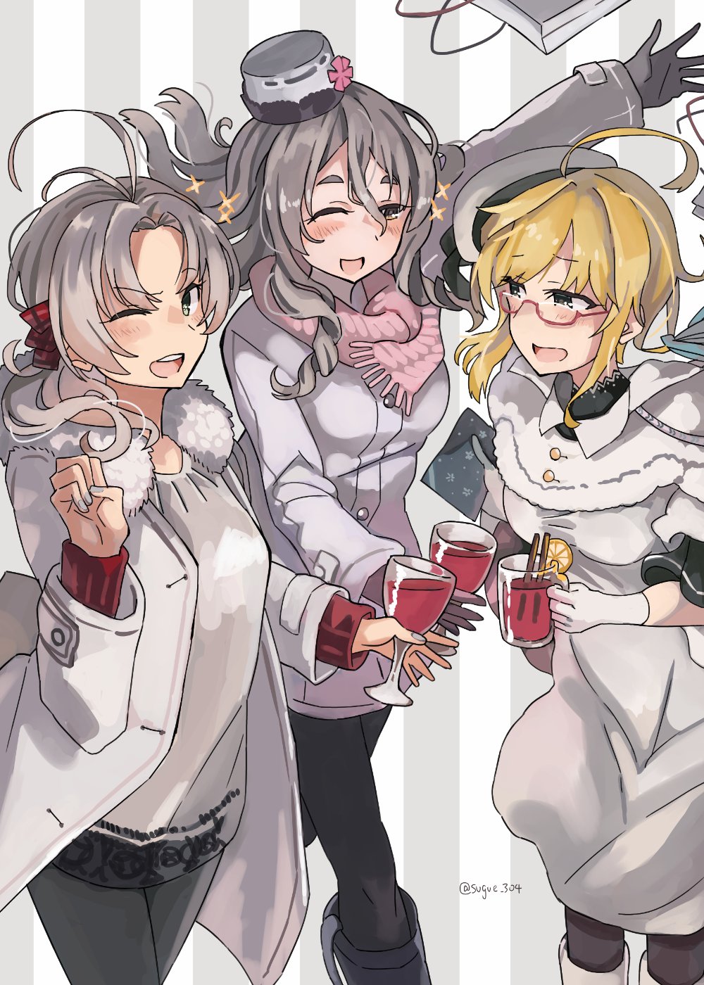 3girls ahoge alcohol black_legwear blonde_hair blush brown_eyes buttons coat cup dress drinking_glass fur-trimmed_coat fur_trim green_eyes grey_hair hat highres holding holding_cup i-8_(kantai_collection) kantai_collection kinugasa_(kantai_collection) long_hair long_sleeves mini_hat multiple_girls one_eye_closed open_mouth pantyhose peaked_cap pola_(kantai_collection) smile sugue_tettou twitter_username upper_teeth white_coat white_dress white_headwear wine wine_glass