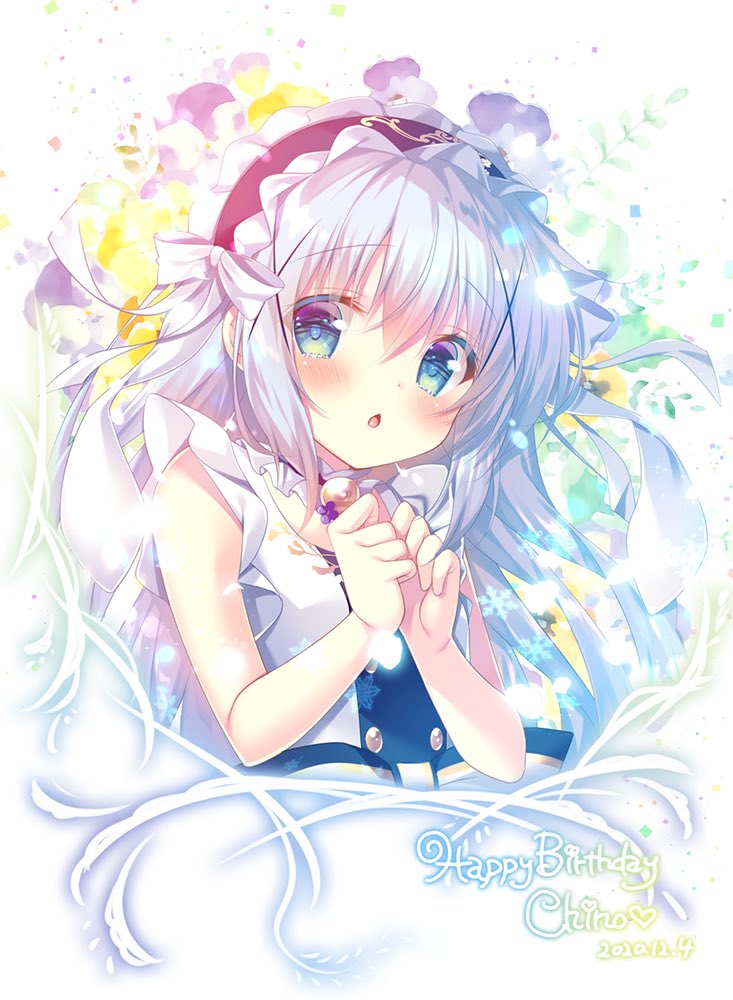 1girl alternate_costume blue_eyes blue_hair blush character_name chestnut_mouth dated eyebrows_visible_through_hair gochuumon_wa_usagi_desu_ka? hair_ornament happy_birthday kafuu_chino long_hair looking_at_viewer mitsumomo_mamu parted_lips sleeveless solo upper_body x_hair_ornament