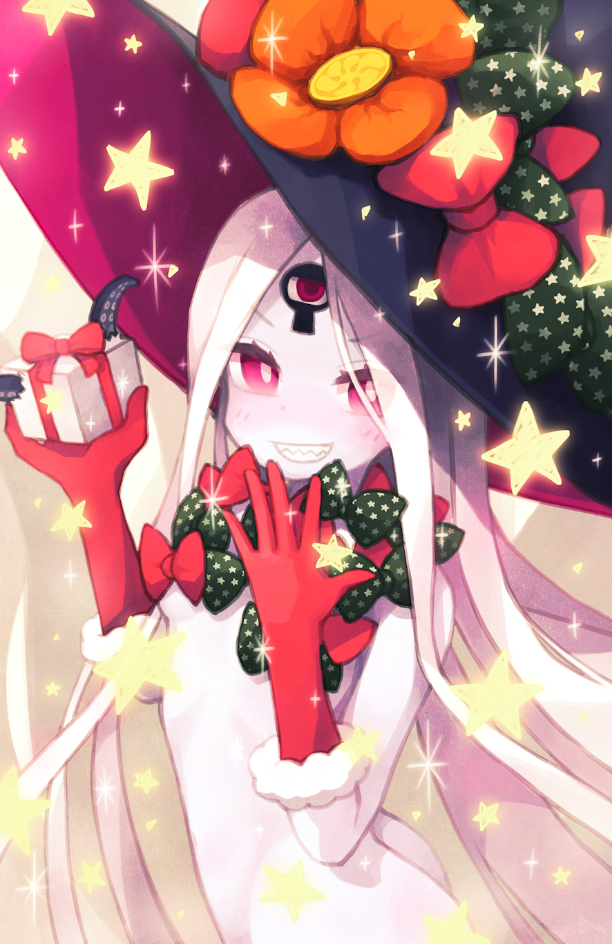 1girl abigail_williams_(fate/grand_order) ass bangs bare_shoulders black_headwear blush bow box breasts christmas colored_skin fate/grand_order fate_(series) forehead gift gift_box green_bow grin hat highres keyhole long_hair multiple_bows parted_bangs red_bow red_eyes sharp_teeth small_breasts smile sorrau star_(symbol) star_print teeth third_eye white_hair white_skin witch_hat