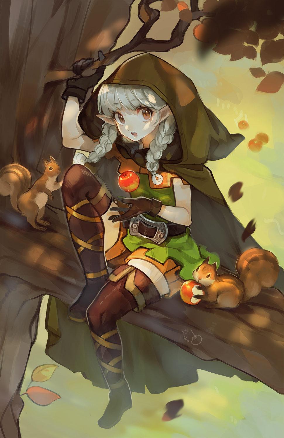 1girl alpaca_carlesi apple boots braid brown_eyes cloak commentary dragon's_crown elf elf_(dragon's_crown) english_commentary food fruit gloves grey_hair highres hood hooded_cloak in_tree long_hair pointy_ears shorts sitting sitting_in_tree solo squirrel thigh_boots thighhighs tree tree_branch twin_braids