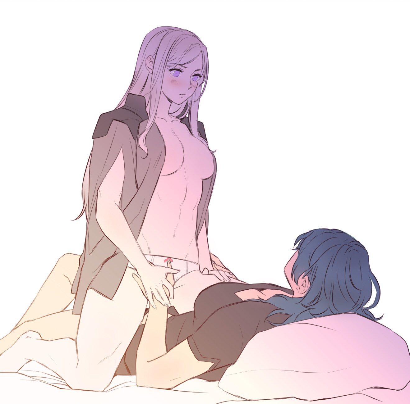 2girls barefoot between_legs blue_hair blush bow bow_panties breasts byleth_(fire_emblem) byleth_(fire_emblem)_(female) cleavage commentary downblouse edelgard_von_hresvelg english_commentary fire_emblem fire_emblem:_three_houses girl_on_top guided_crotch_grab hand_between_legs highres long_hair looking_at_another lying medium_breasts multiple_girls no_bra on_back on_bed open_clothes open_shirt pale_skin panties pillow purple_eyes radiostarkiller shirt shoulder_pads silver_hair straddling t-shirt underwear white_panties yuri