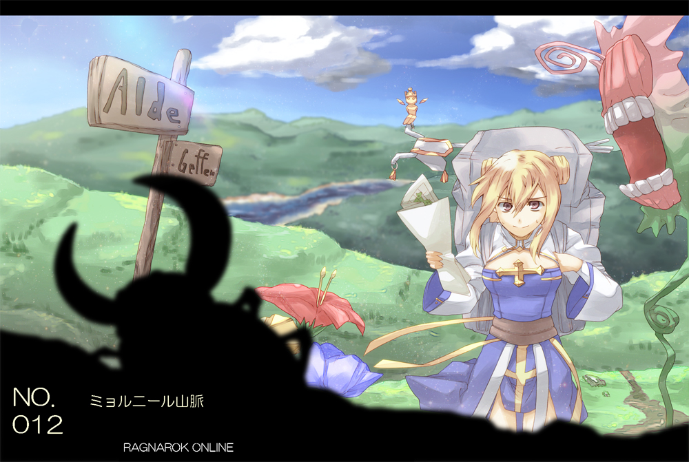 1girl archbishop_(ragnarok_online) backpack bag bangs bee blonde_hair blue_dress blue_flower brown_sash bug choukichi cleavage_cutout closed_mouth clothing_cutout cloud commentary_request copyright_name cowboy_shot crown double_bun dress extra_mouth eyebrows_visible_through_hair flora_(ragnarok_online) flower hair_between_eyes hiking hill holding holding_map insect juliet_sleeves long_sleeves looking_at_another looking_to_the_side map mistress_(ragnarok_online) monster number path pink_eyes puffy_sleeves ragnarok_online red_flower river scenery short_hair sidelocks sign silhouette sky smile standing sweat translated white_dress wide_sleeves yellow_flower