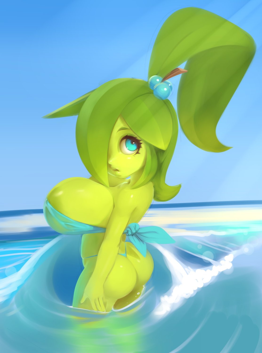 areola areola_slip bandeau big_breasts bikini blue_eyes breasts butt clothing elemental_creature elemental_humanoid female flora_fauna food food_creature food_humanoid fruit fruit_humanoid green_body green_skin hi_res huge_breasts humanoid leaf leaf_hair living_fruit looking_back not_furry partially_submerged plant plant_hair plant_humanoid plantpenetrator prea pseudo_hair short_stack solo swimwear topwear wave wet wet_clothing