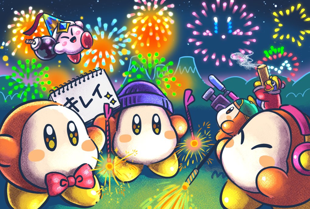 1boy ^_^ aerial_fireworks backwards_hat baseball_cap beanie blue_headwear blush_stickers bomb bow bowtie channel_ppp closed_eyes commentary_request copy_ability fireworks green_headwear hat headphones jitome king_dedede kirby kirby_(series) mortar_shell mountain night no_humans official_art pointy_hat recording red_neckwear senkou_hanabi smile smoke sparkler waddle_dee
