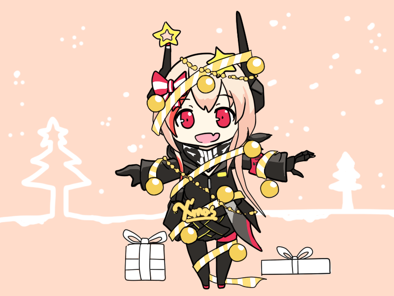 1girl :d bangs black_scarf blonde_hair bow chibi christmas christmas_ornaments christmas_tree fang gift girls_frontline hakokon happy headgear long_hair m4_sopmod_ii_(girls_frontline) multicolored_hair open_mouth outstretched_arms pink_hair red_eyes ribbon scarf smile solo star_(symbol) streaked_hair t-pose yellow_ribbon