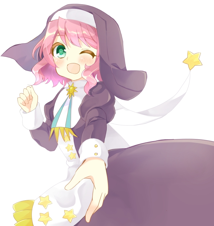 :d buttons ciconia_no_naku_koro_ni curly_hair dress green_eyes hakua_(elmab) long_sleeves medium_hair nun one_eye_closed open_mouth outstretched_hand pink_hair sleeve_cuffs smile star_(symbol) stephania_(ciconia) sun_(symbol) white_background