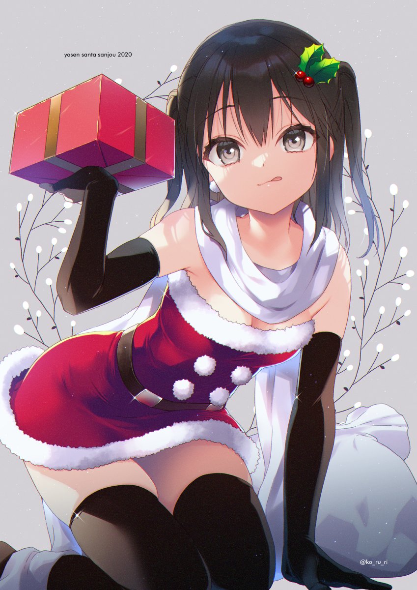 1girl all_fours alternate_costume arm_up bangs bare_shoulders belt black_belt black_gloves black_hair black_legwear box breasts brown_eyes christmas closed_mouth dress elbow_gloves eyebrows_visible_through_hair fur-trimmed_dress fur_trim gift gift_box gloves grey_background hair_between_eyes hair_ornament highres holding holding_gift kantai_collection koruri licking_lips looking_at_viewer pom_pom_(clothes) red_dress sack santa_costume scarf sendai_(kantai_collection) short_hair sidelocks solo strapless strapless_dress thighhighs thighs tongue tongue_out twitter_username two_side_up white_scarf