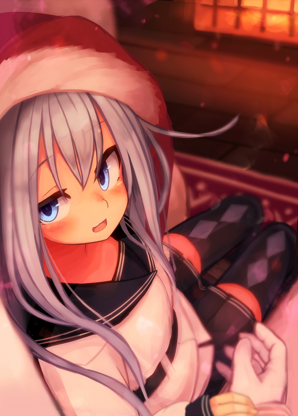 1girl admiral_(kantai_collection) black_legwear black_skirt blue_eyes blush eyebrows_visible_through_hair fireplace hat hibiki_(kantai_collection) highres indoors kantai_collection long_hair looking_at_viewer open_mouth pleated_skirt reitou_mikan sailor_collar santa_hat school_uniform serafuku silver_hair sitting skirt smile thighhighs verniy_(kantai_collection) white_hair wooden_floor zettai_ryouiki