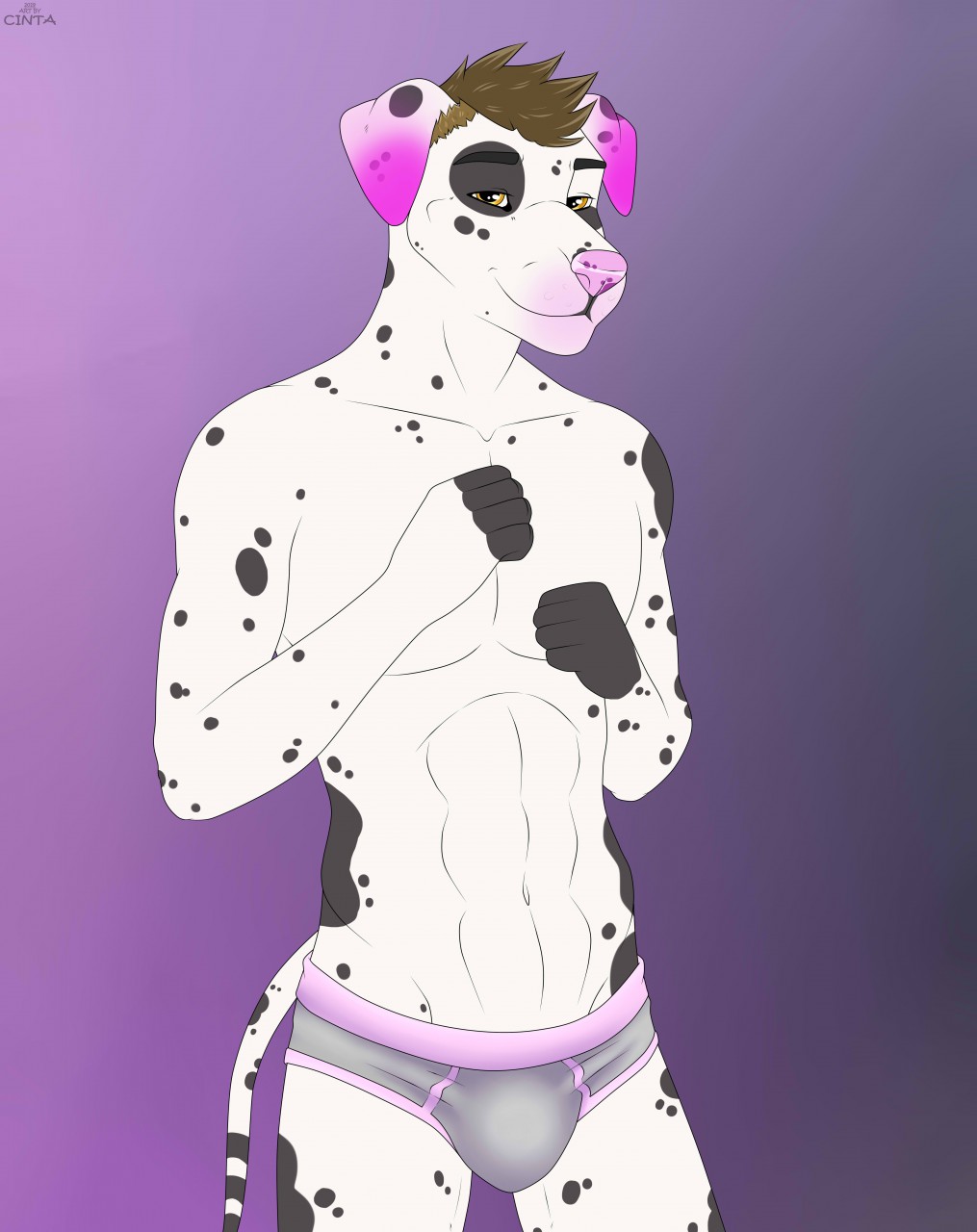 abs anthro bulge canid canine canis cinta clothing dalmatian domestic_dog hi_res male mammal slim solo teasing underwear