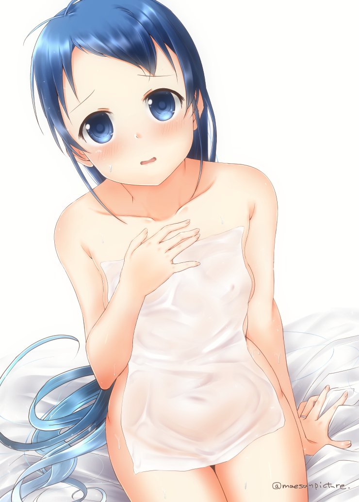 1girl artist_name bangs bed_sheet blue_eyes blue_hair blush breasts collarbone commentary_request covering eyebrows_visible_through_hair gradient_hair hand_on_own_chest jewelry kantai_collection long_hair looking_at_viewer mae_(maesanpicture) multicolored_hair nude nude_cover open_mouth ring samidare_(kantai_collection) sitting small_breasts solo swept_bangs towel twitter_username very_long_hair wedding_band wet