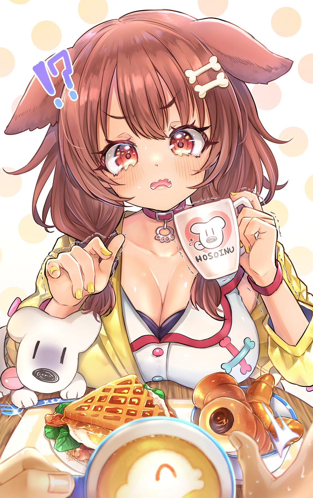 !? 1girl 1other :3 animal_collar animal_ears bangs blush bone_hair_ornament bracelet braid breast_rest breasts brown_eyes brown_hair buttons cartoon_bone chocolate_cornet cleavage coffee collar commentary creature croissant cup dog_ears dog_girl dog_tail dress english_commentary eyebrows_visible_through_hair eyelashes fangs food hair_between_eyes hair_ornament hairclip highres holding holding_cup hololive hoso-inu inugami_korone jacket jewelry kamiya_zuzu large_breasts latte_art listener_(inugami_korone) long_hair looking_at_viewer low_twin_braids low_twintails mug nail_polish off_shoulder open_mouth polka_dot polka_dot_background pov pov_hands red_collar tail tearing_up trembling twin_braids twintails v-shaped_eyebrows virtual_youtuber wavy_mouth white_dress yellow_jacket yellow_nails