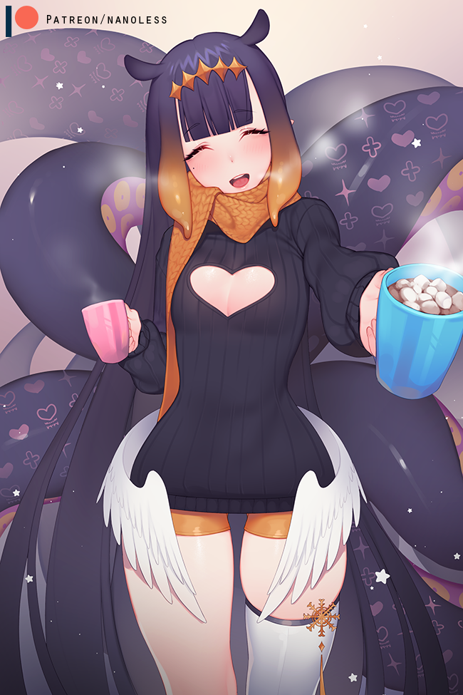 1girl bangs black_dress black_sweater blunt_bangs blush breasts breath closed_eyes clothing_cutout cowboy_shot cup dress facing_viewer food gradient_hair head_tilt heart_cutout holding holding_cup hololive hololive_english long_hair long_sleeves marshmallow mole mole_under_eye mug multicolored_hair nanoless ninomae_ina'nis offering open_mouth orange_hair orange_scarf pointy_ears ribbed_sweater scarf single_thighhigh skindentation small_breasts solo sweater sweater_dress tentacle_hair tentacles thighhighs thighs very_long_hair virtual_youtuber white_legwear wings